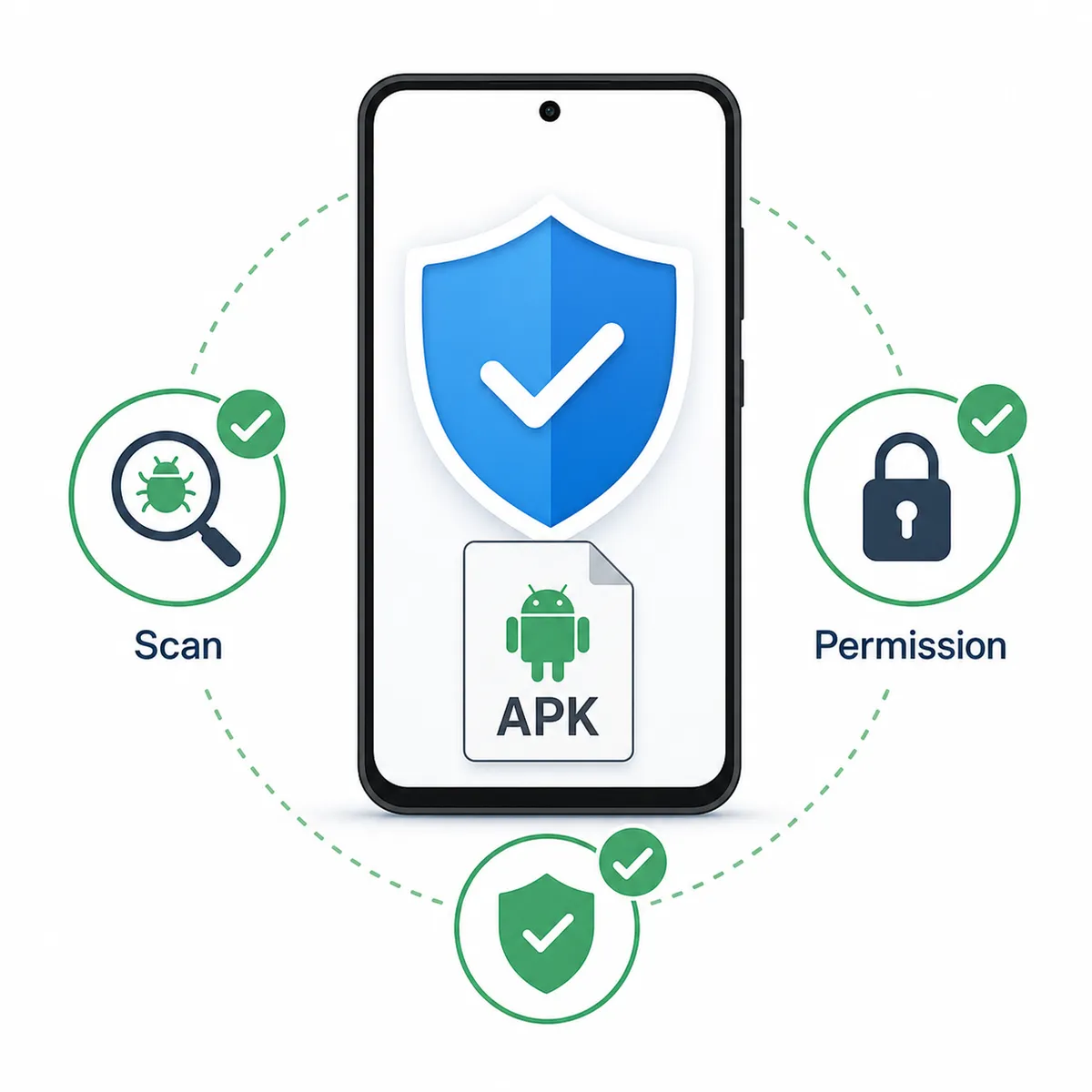 VidMate APK safety checklist illustration with Android phone, shield, APK file, and permission checks