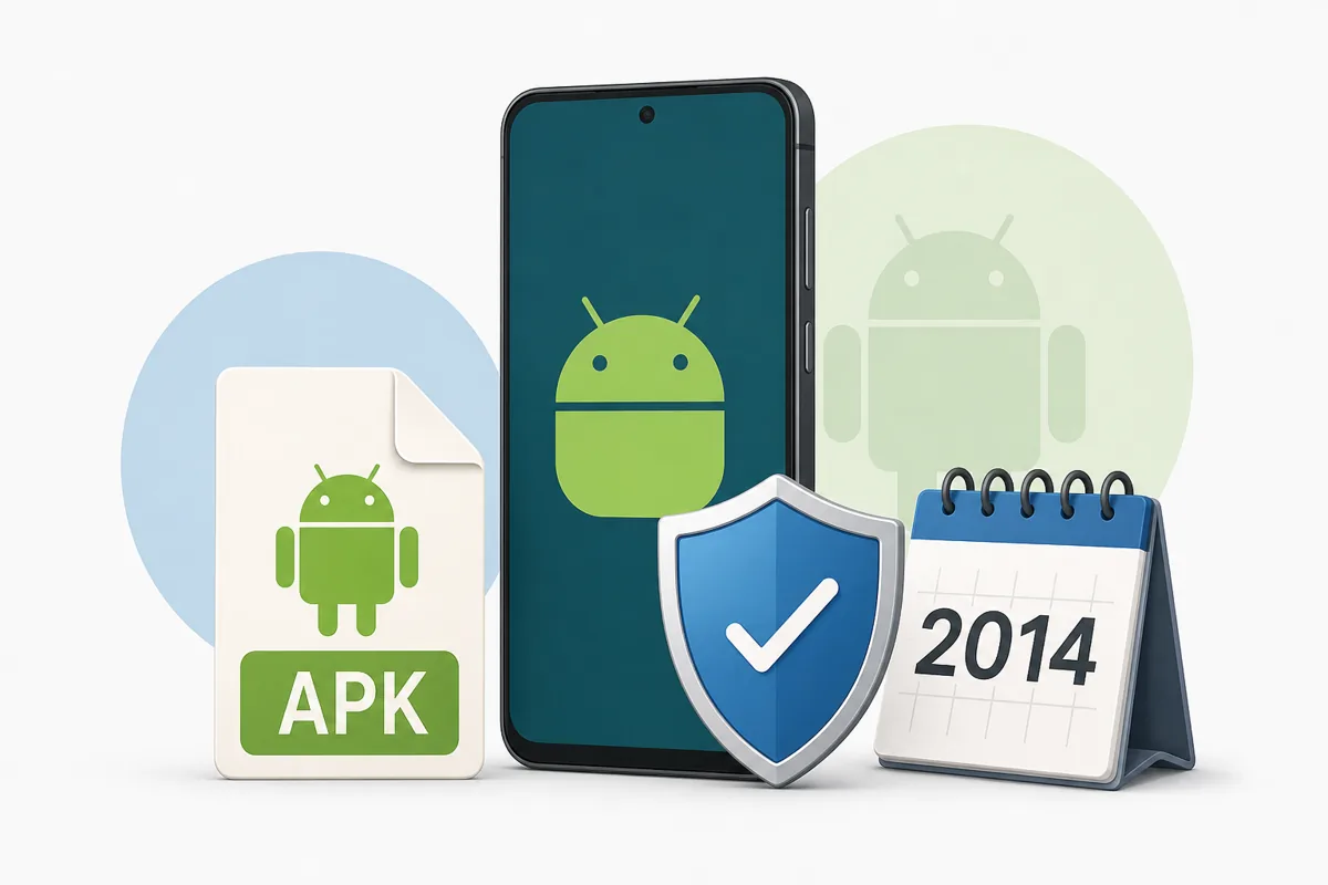 Editorial illustration of a VidMate 2014 APK legacy install decision with Android phone, APK file, shield, and 2014 calendar