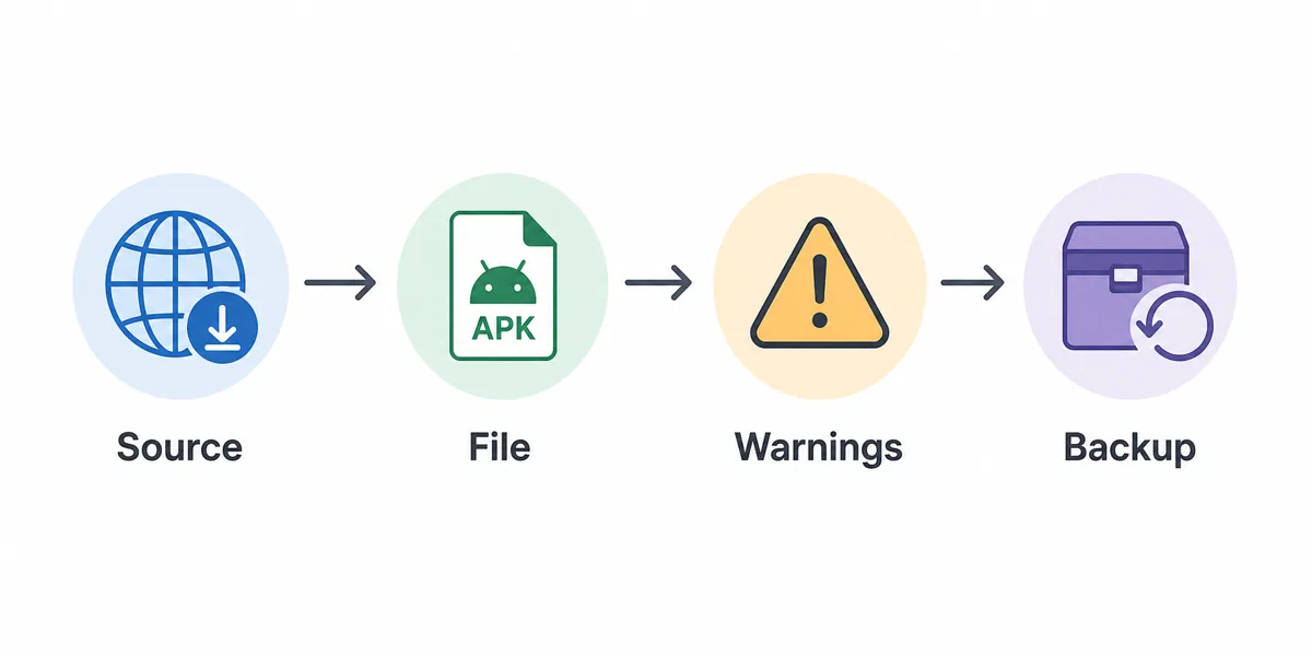 Four-step VidMate 2014 APK install check flow: source, file, warnings, backup