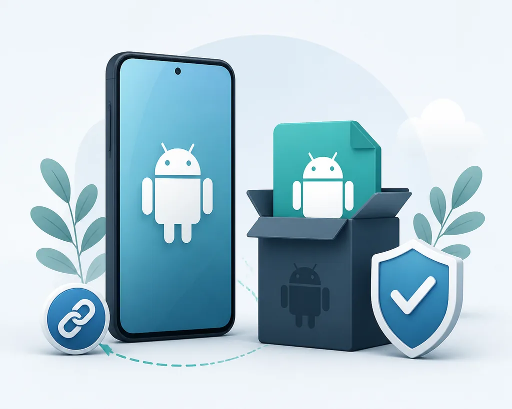 Editorial illustration of an Android phone, APK package, source link, and safety shield