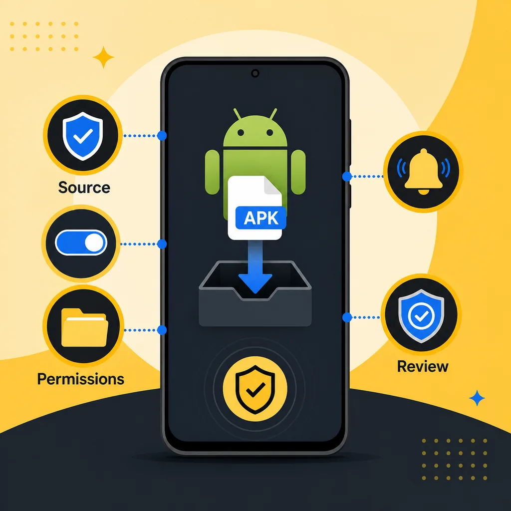 Editorial illustration of Android APK permissions, source review, notification access, and security checks