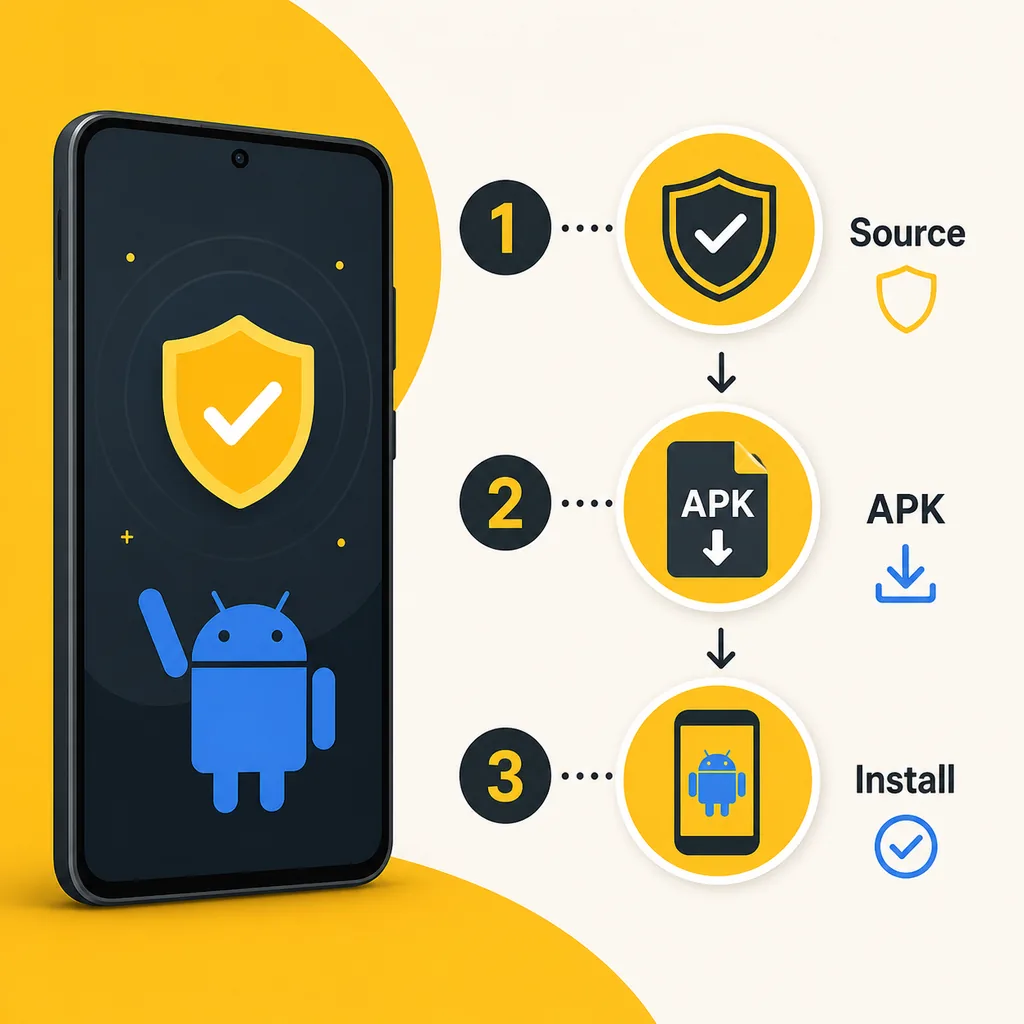 Three-step editorial flow showing source verification, APK download, and Android installation