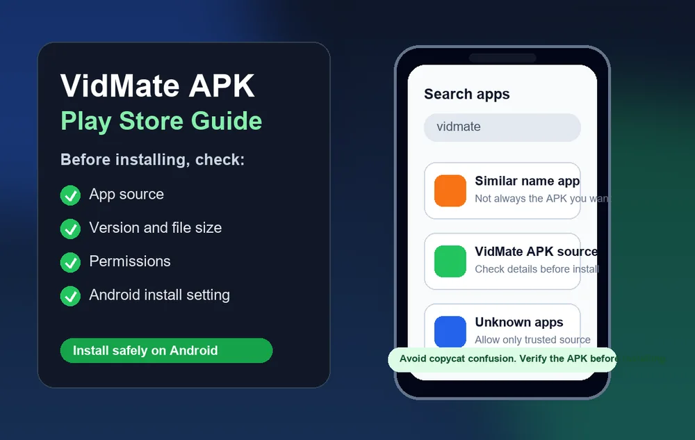 Phone screen comparison showing VidMate APK Play Store confusion and trusted APK safety checks