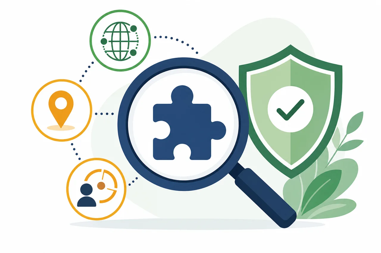 Editorial illustration of reviewing website access, location and user activity permissions for a browser extension