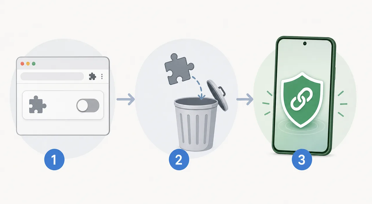 Editorial three-step illustration showing disable, remove and return to a verified Android source