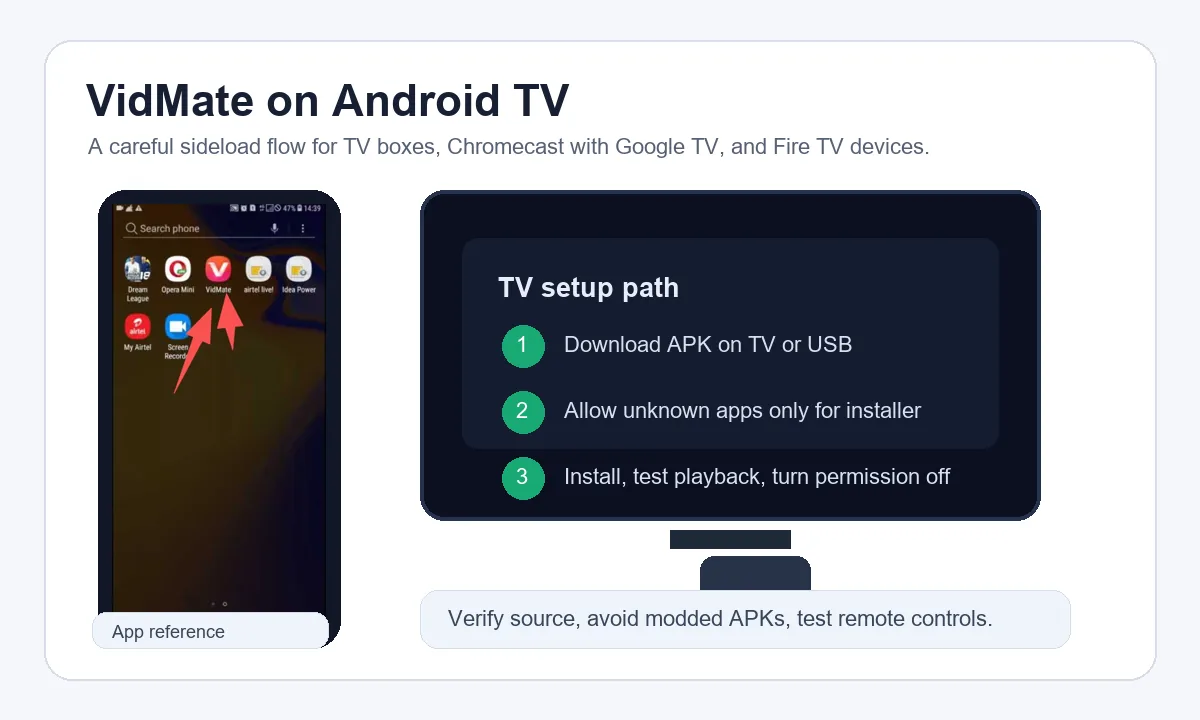 VidMate for Android TV installation flow for TV boxes and Firestick