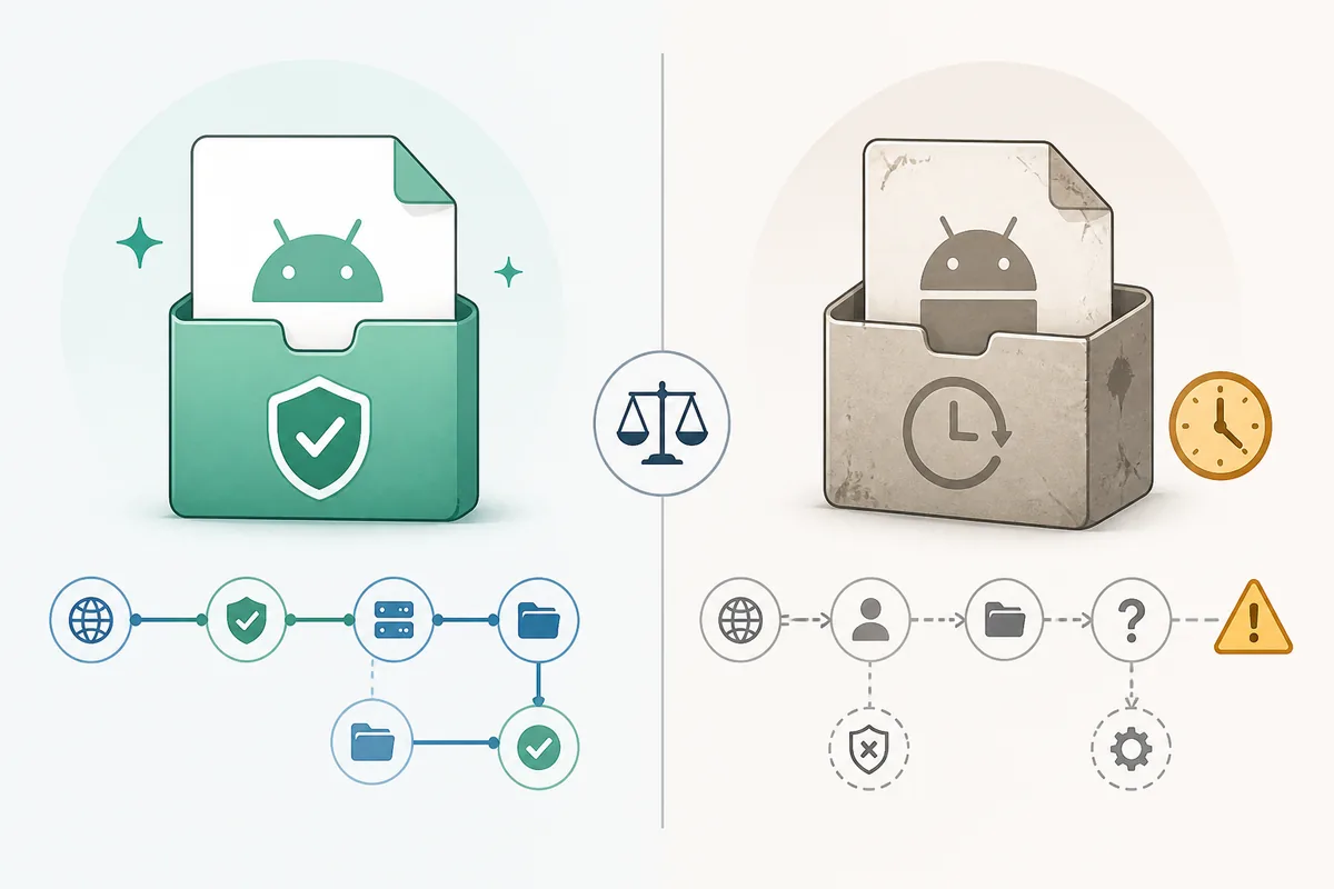 Editorial comparison of a checked current VidMate package and an uncertain old APK archive