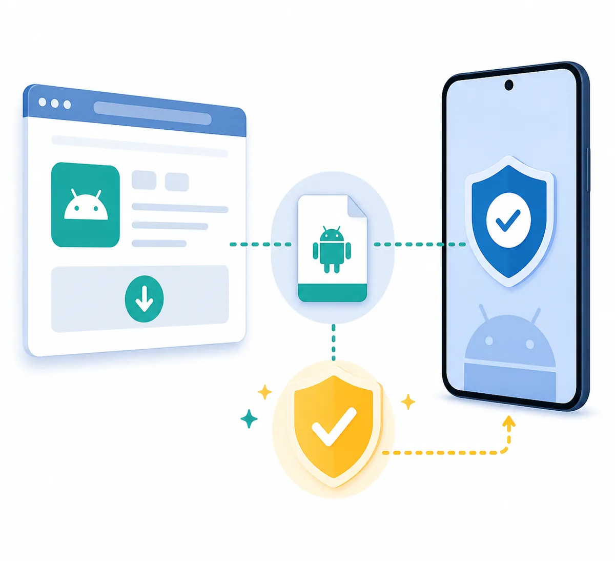 Editorial illustration of a VidMate APK source page, package file, Android phone, and verification shields