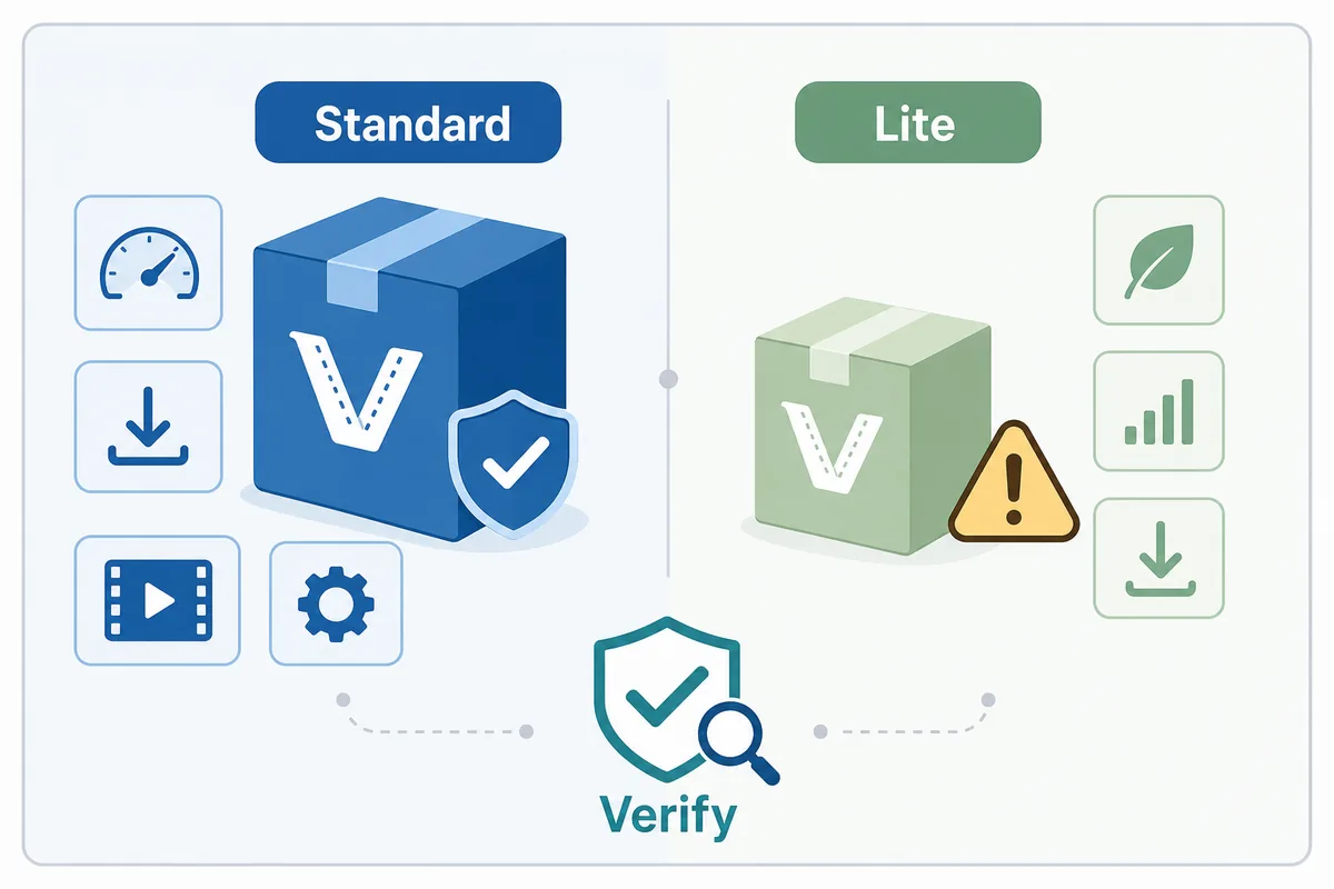 Editorial comparison of standard VidMate APK and a Lite APK claim with a verification reminder