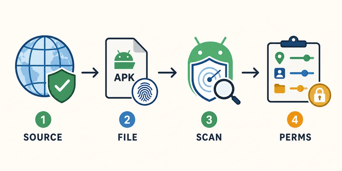 Four-step Android APK install decision flow: source, file, scan, permissions