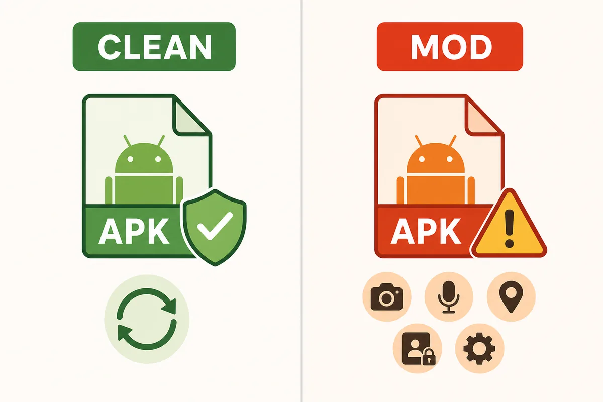 Clean APK and MOD APK comparison illustration with verified and warning symbols