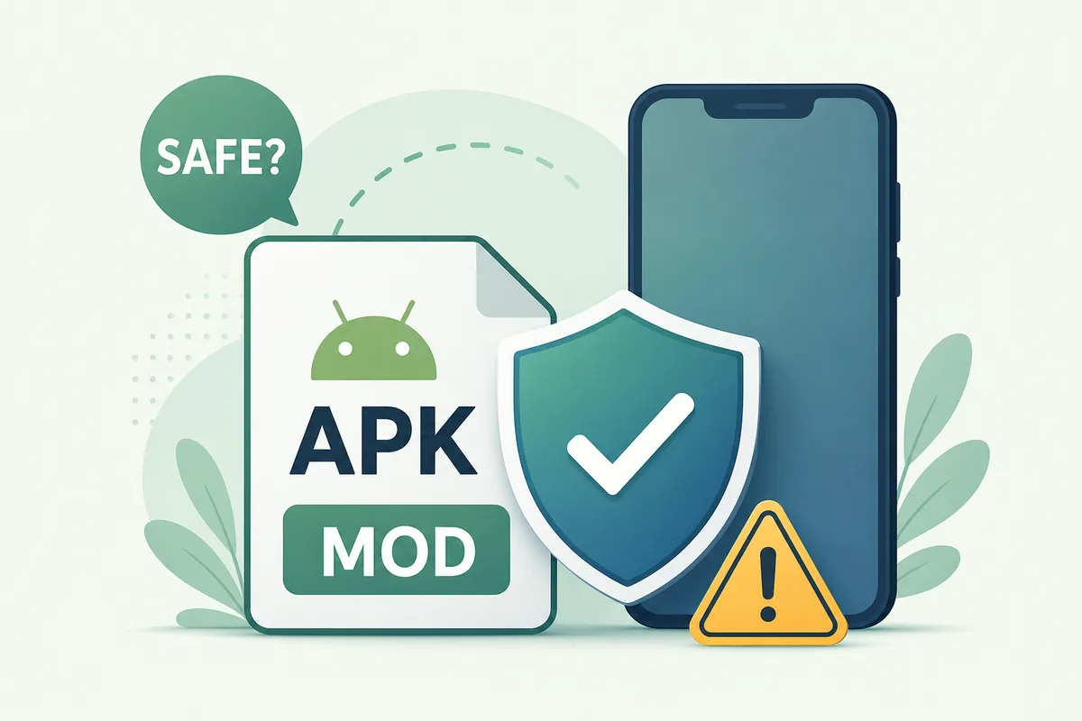 Editorial VidMate MOD APK safety guide illustration with APK file, shield, and warning symbol