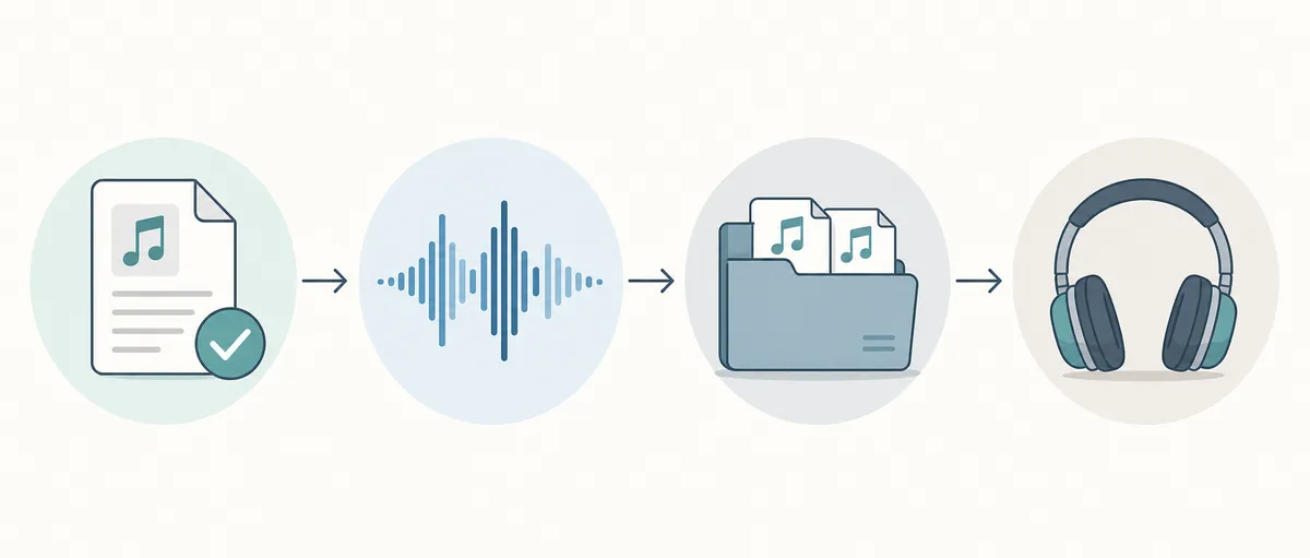 Concept diagram showing source, audio choice, quality selection, and playback verification
