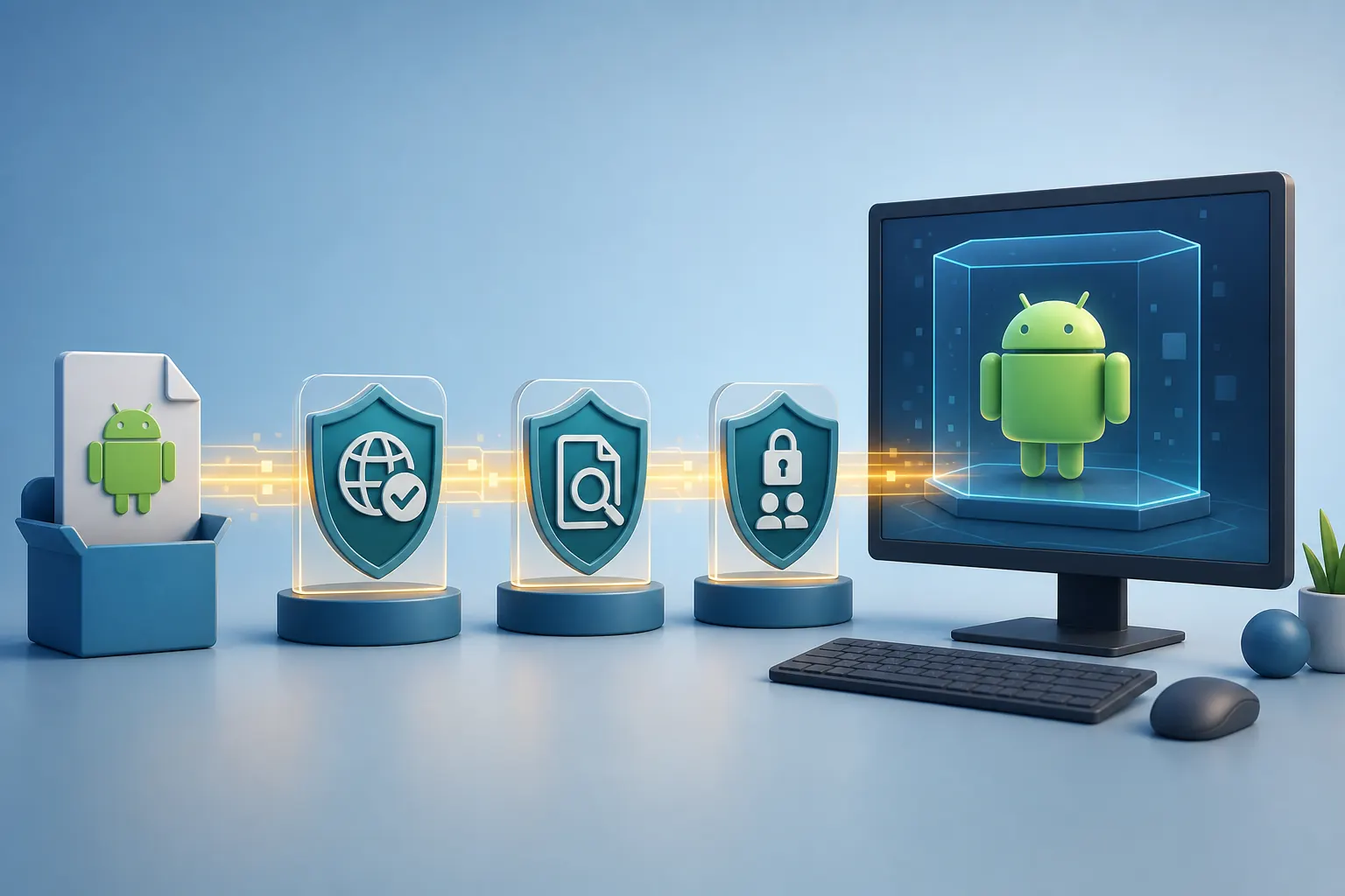 Concept illustration of APK source, file and permission checks before emulator installation