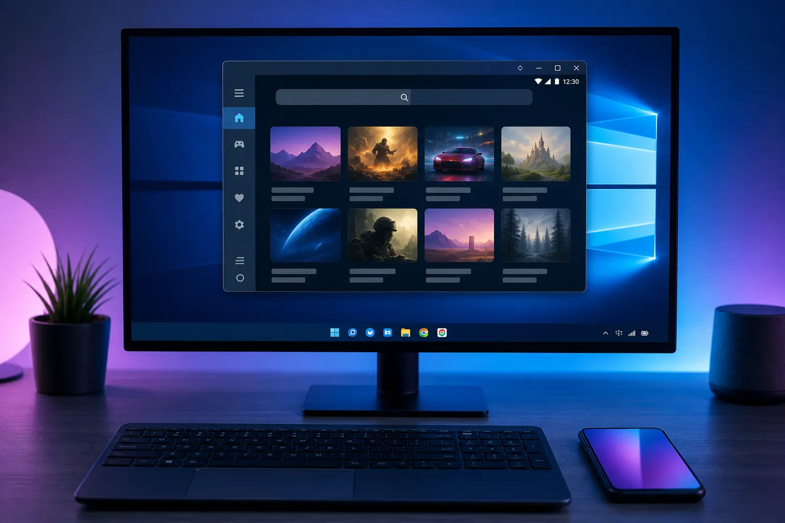 Concept illustration of an Android emulator workspace on a Windows PC