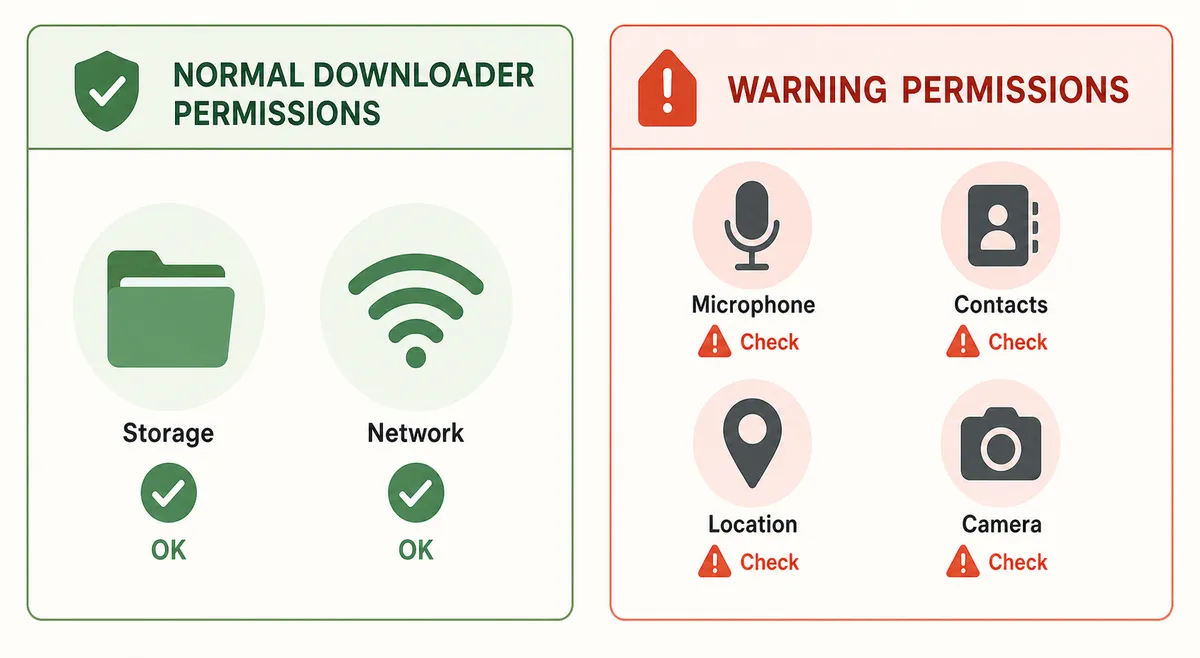 VidMate permissions comparison showing normal downloader access and warning-sign permissions