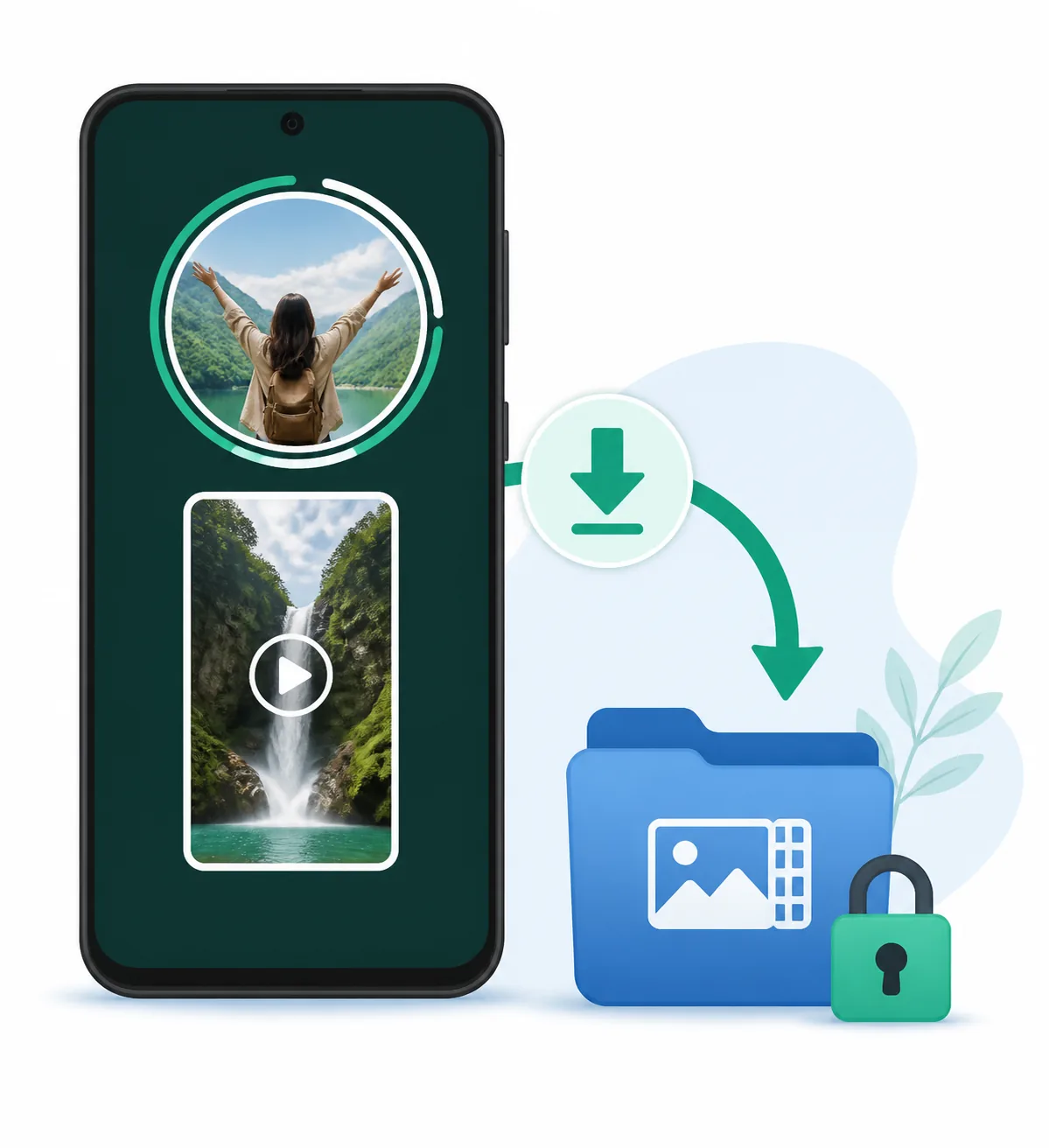 Editorial illustration of a phone status ring, download arrow, media folder, and privacy lock
