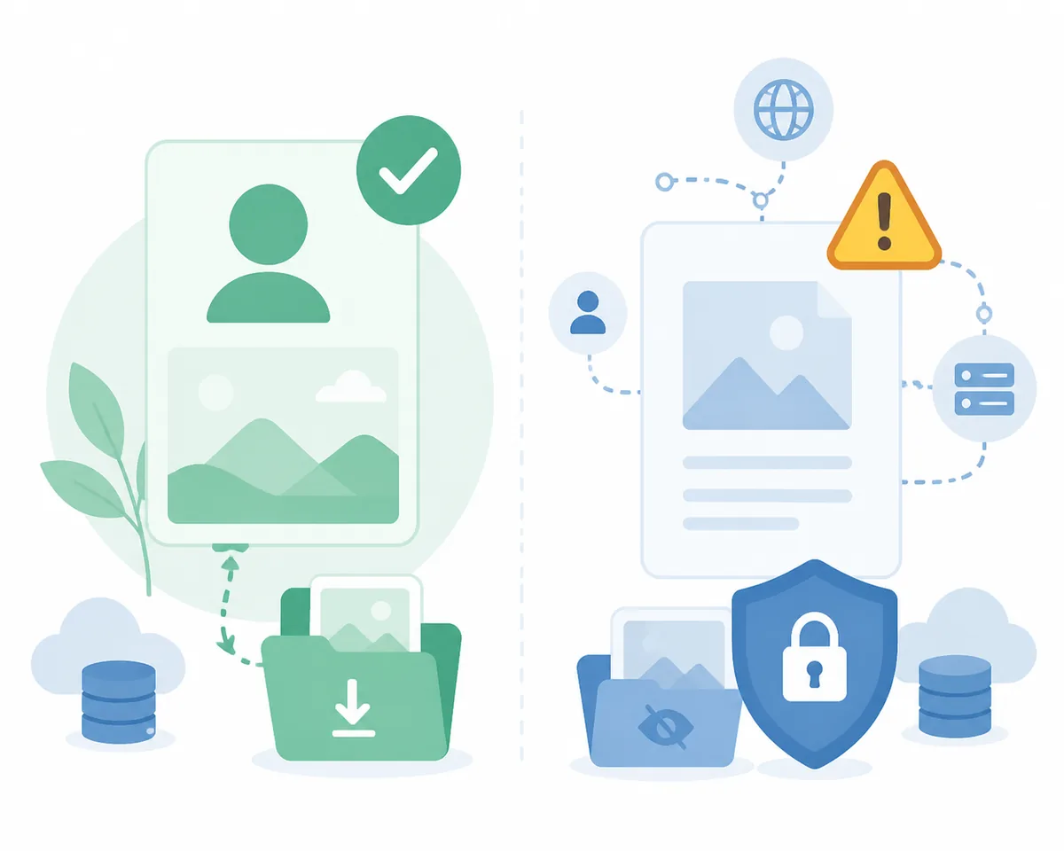 Editorial comparison of a permitted media save and an unverified source with privacy warnings