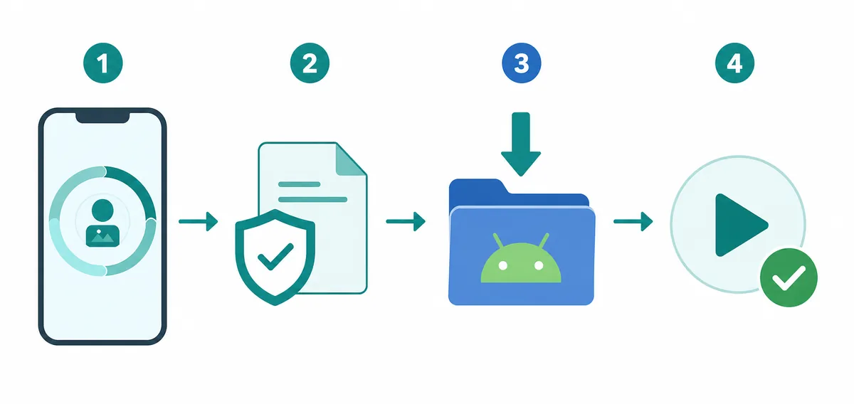 Four-step editorial flow from a WhatsApp Status source to a checked Android media file